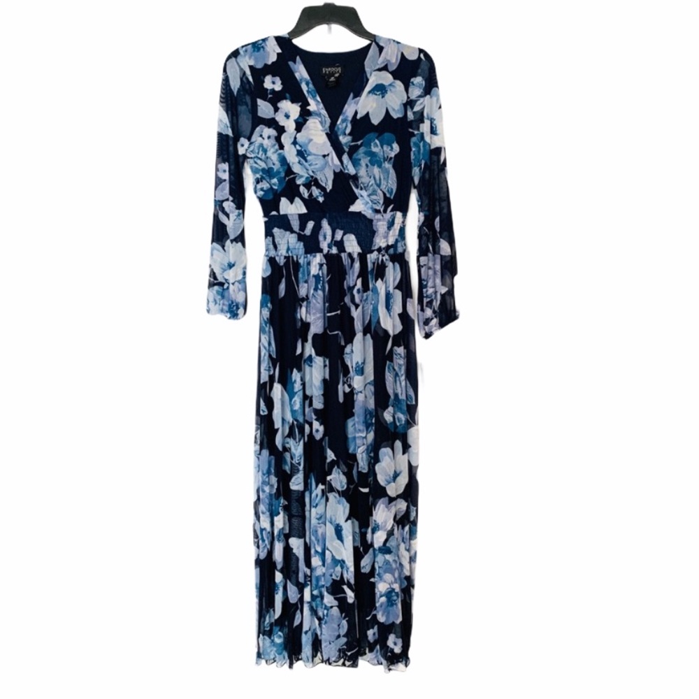 NWT En Focus Boho Blue Black Floral Maxi Dress 4 P